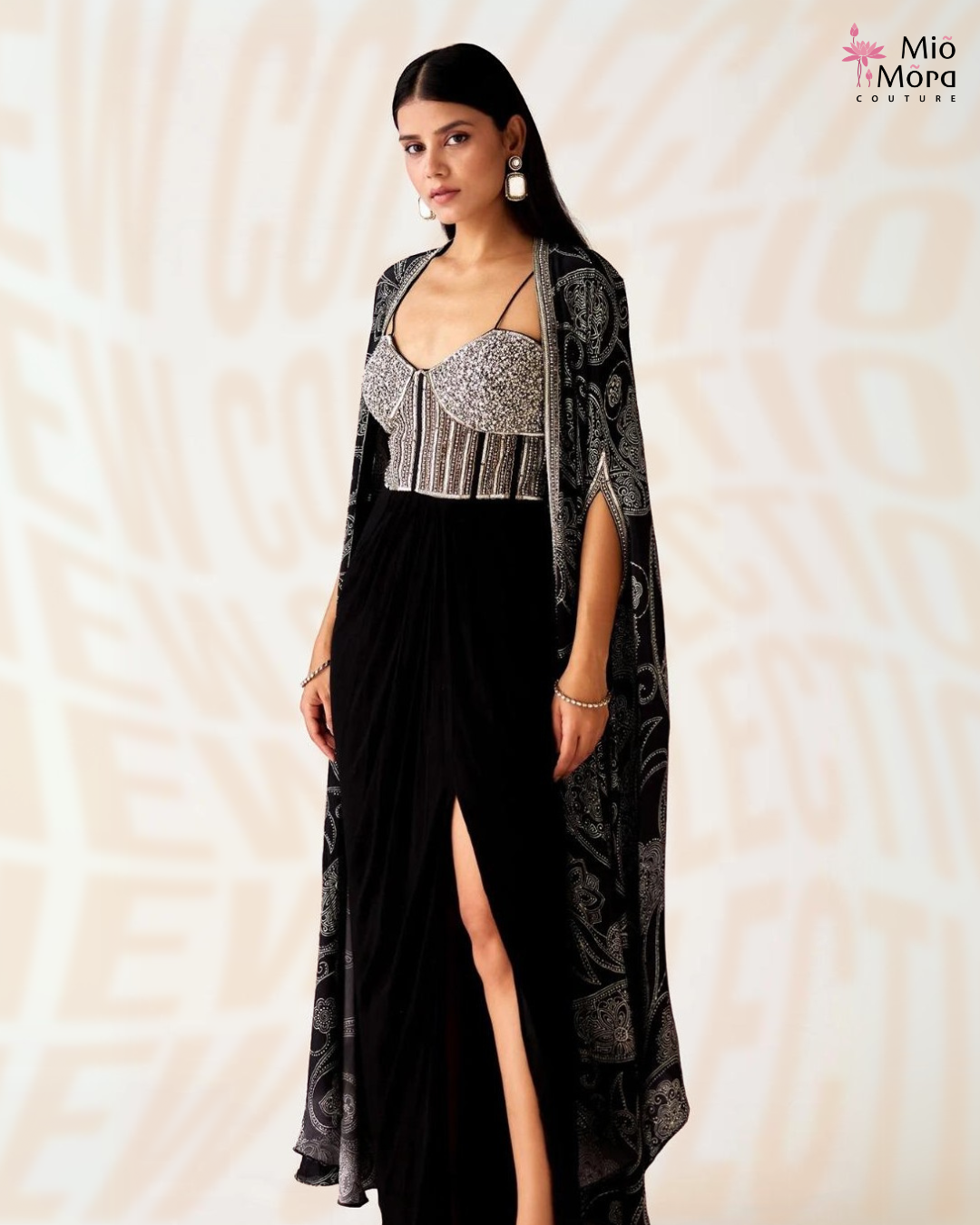 Black and Whitie Embroidered Cape Set with Slit Skirt
