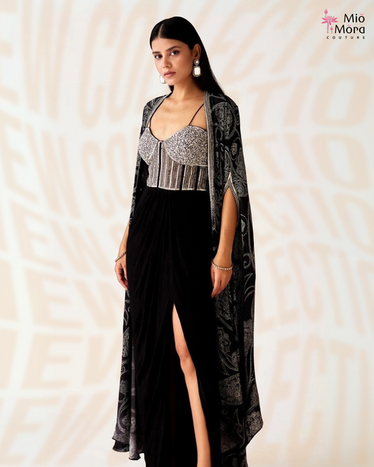 Black and Whitie Embroidered Cape Set with Slit Skirt