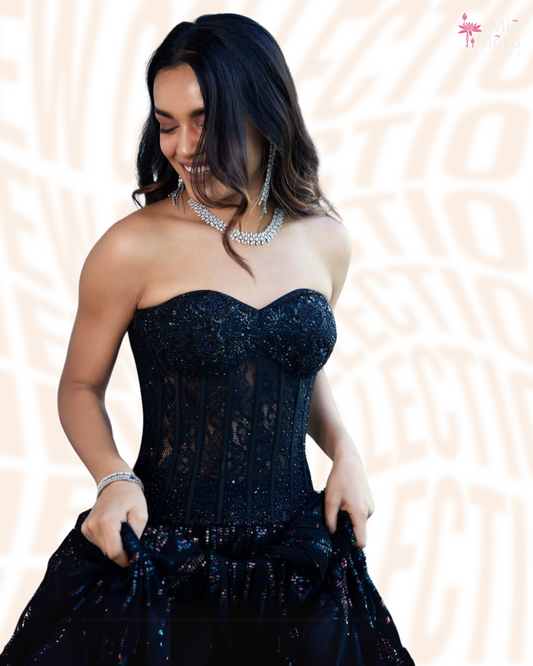Black Corset Top Chantilly Lace Lehnga Set