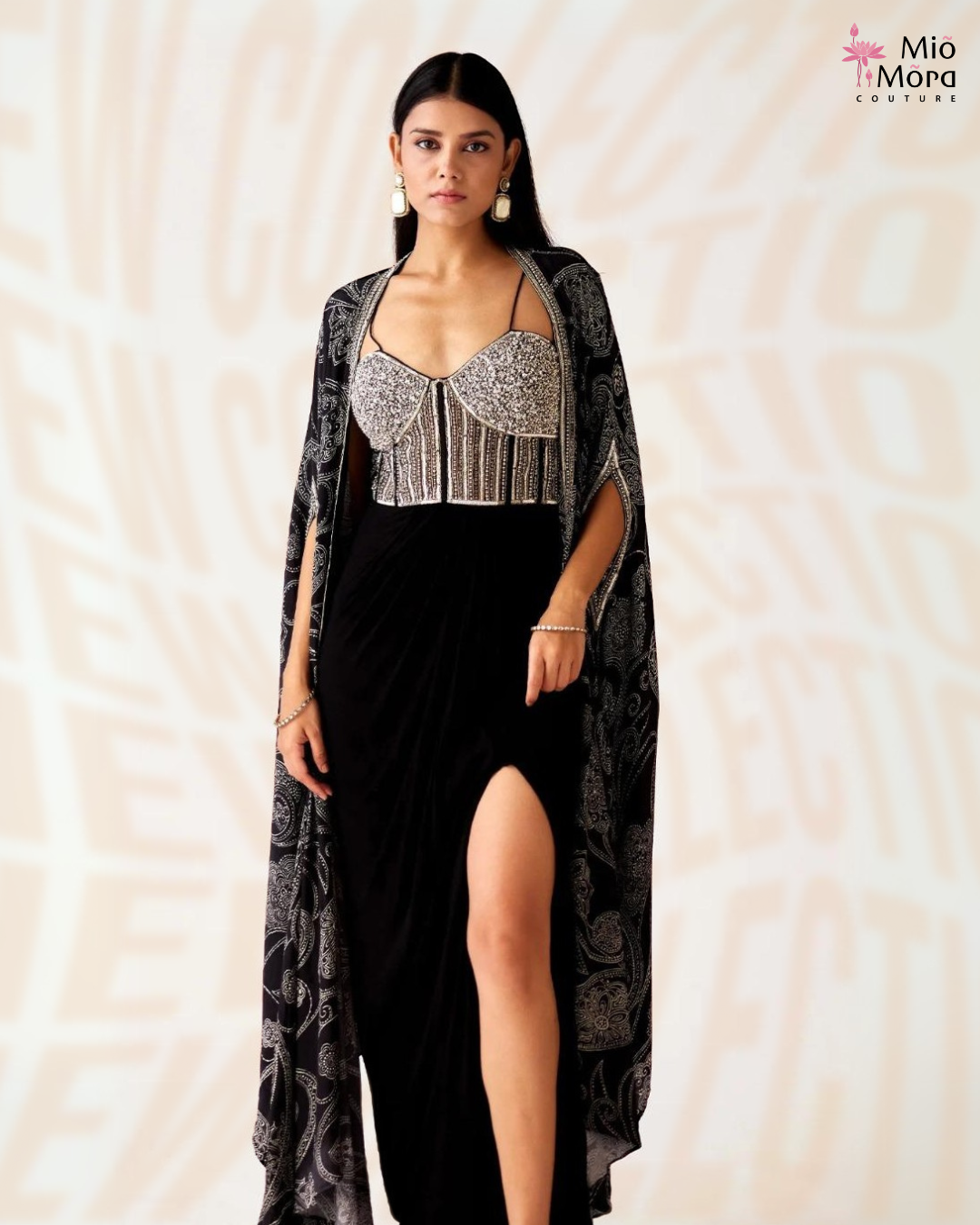 Black and Whitie Embroidered Cape Set with Slit Skirt