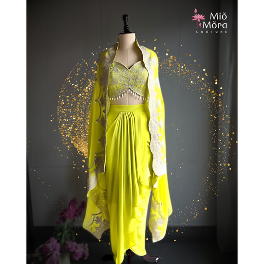 Lime Chioffon Emboridered Cape Dress