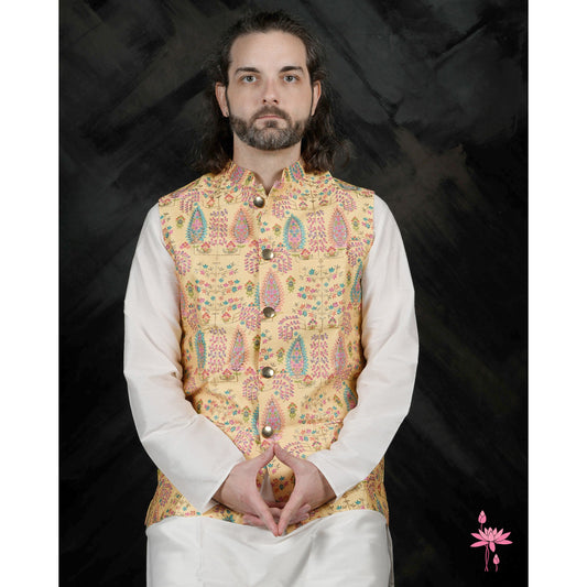 Yellow Kurta Set with Embroidered Nehru Jacket – Festive Men’s Attire for Celebrations