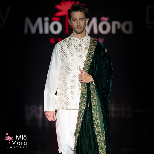 White Kurta Set with Nehru Jacket and Green Odhni