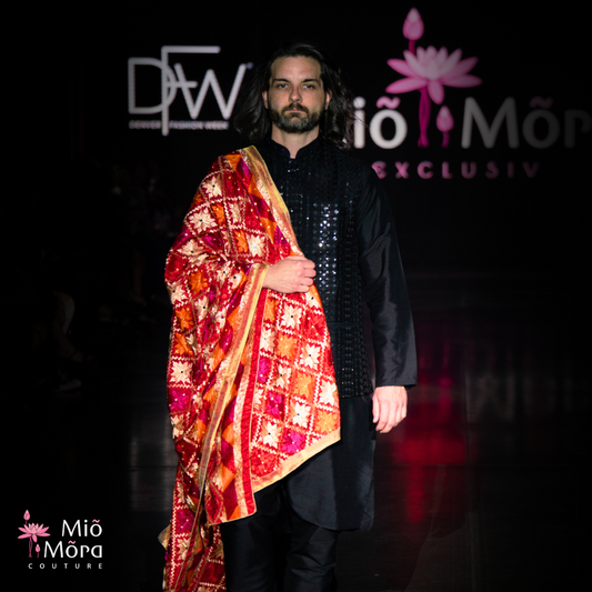 Black Kurta Set with Mirror Work and Red Odhni