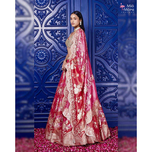 Pink Banarasi Weave Embroidered Lehenga Set