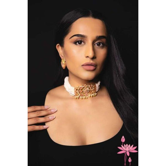 Ananya Pearl & Peach Square Choker Set – Elegant Pearl Choker with Matching Earrings