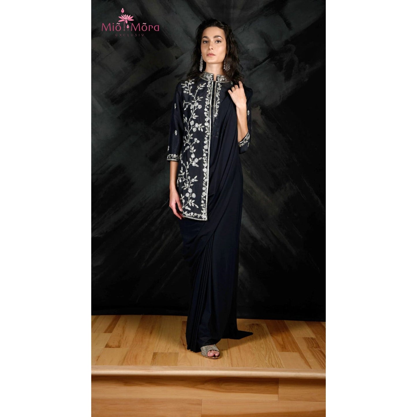 Plain Black Drape Saree with Jardosi Blouse Jacket
