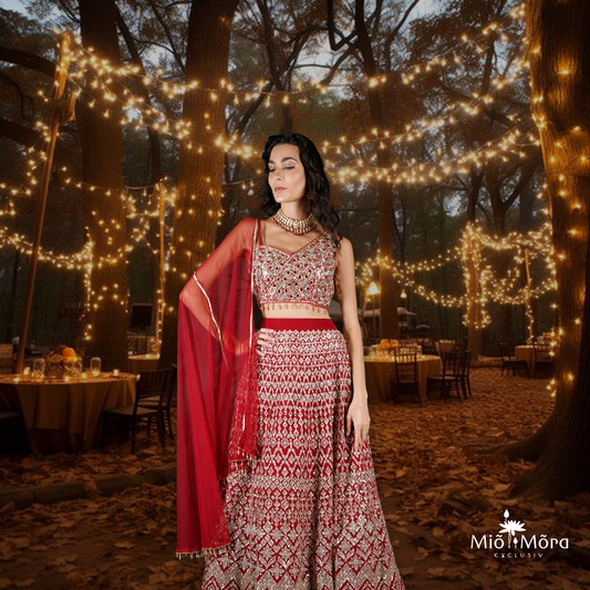 Red Off Shoulder Lehenga with Heavy Embroidered Blouse