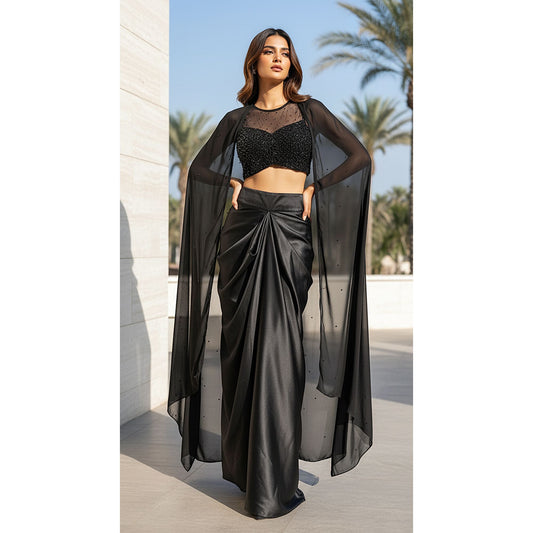 BLACK SATIN EMBROIDERED CAPE SET