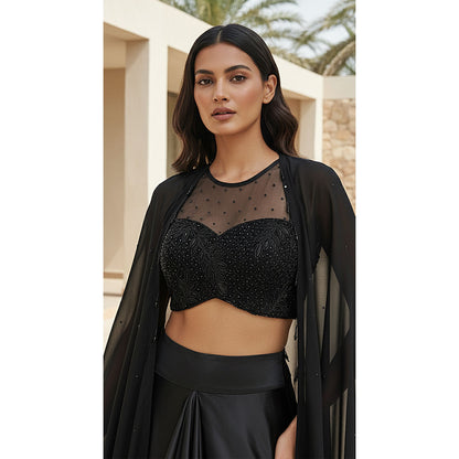 BLACK SATIN EMBROIDERED CAPE SET