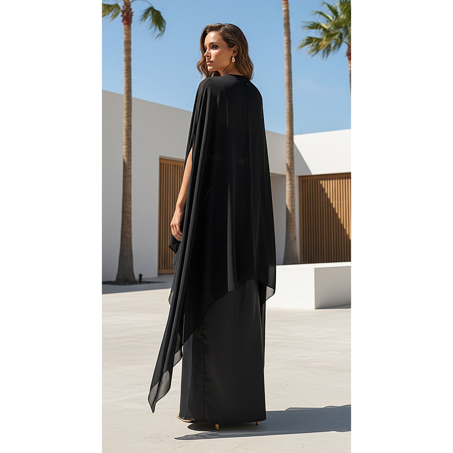 BLACK SATIN EMBROIDERED CAPE SET