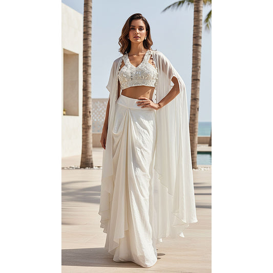 IVORY GEORGETTE EMBROIDERED CAPE SET