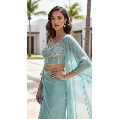 AQUA CRUSHED TISSUE EMBROIDERED CAPE SET