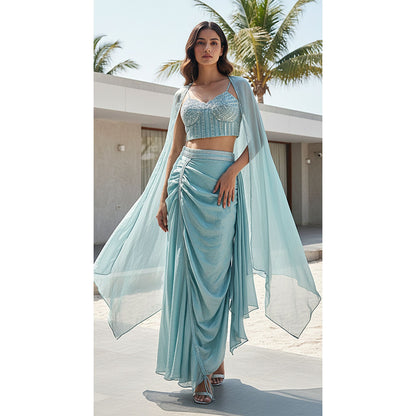 AQUA CRUSHED TISSUE EMBROIDERED CAPE SET
