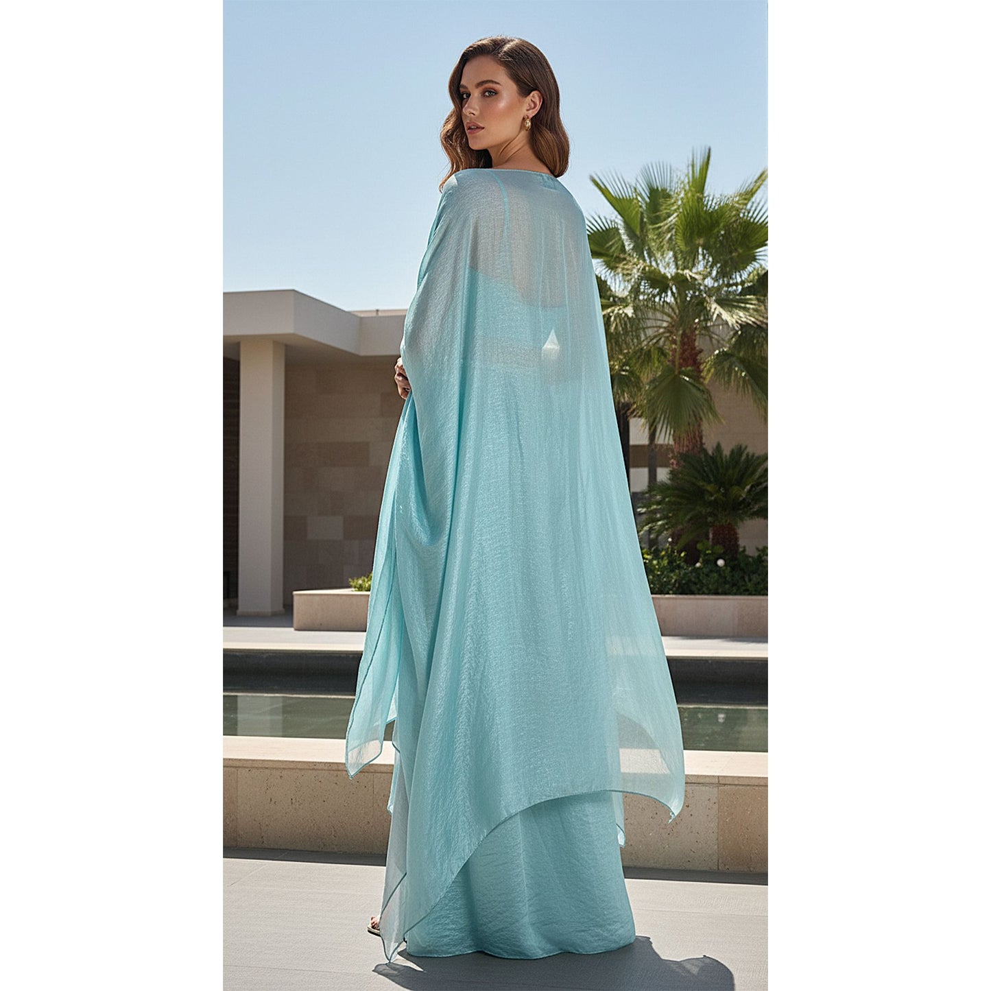 AQUA CRUSHED TISSUE EMBROIDERED CAPE SET