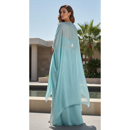 AQUA CRUSHED TISSUE EMBROIDERED CAPE SET