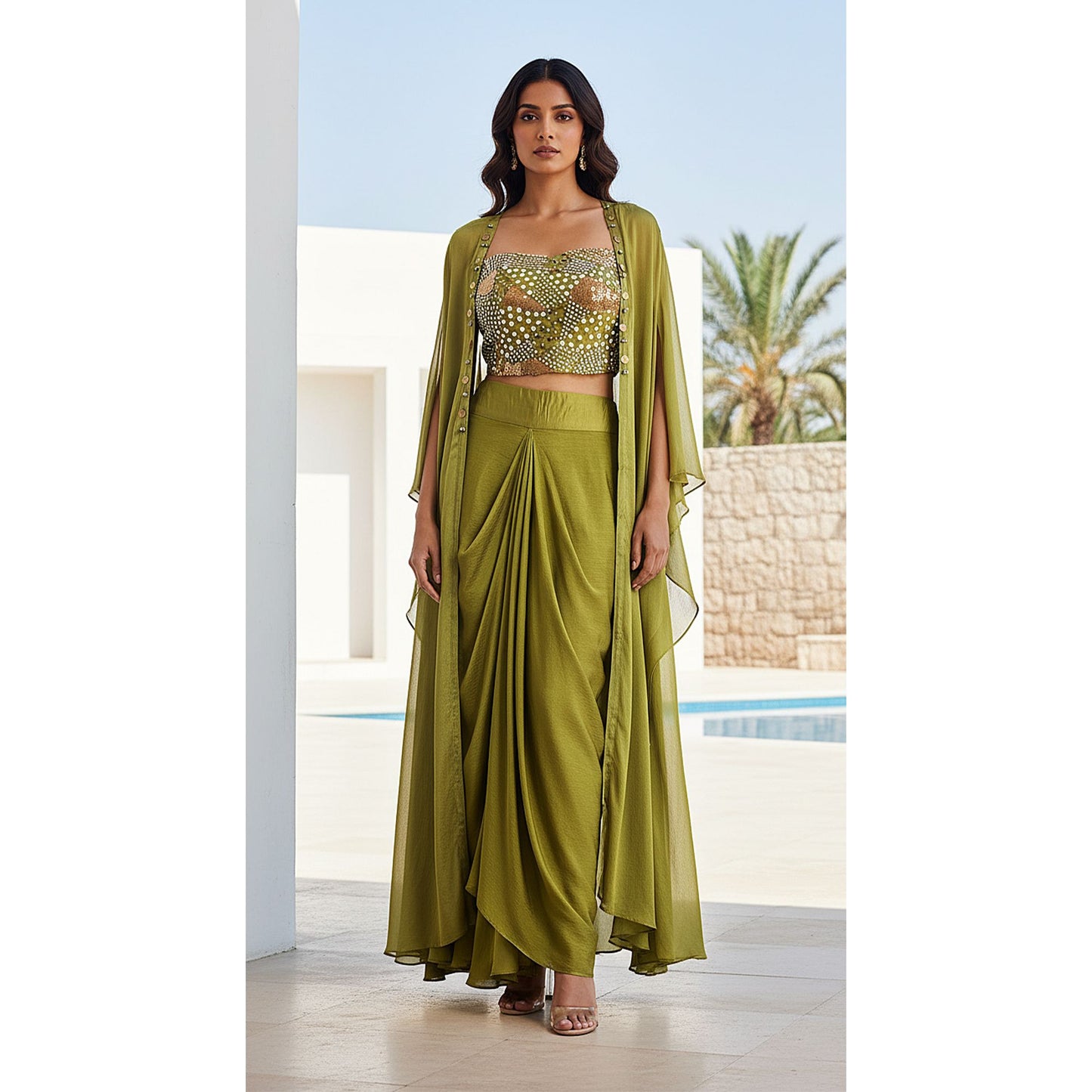 GREEN CHINON EMBROIDERED CAPE SET