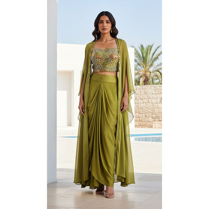 GREEN CHINON EMBROIDERED CAPE SET