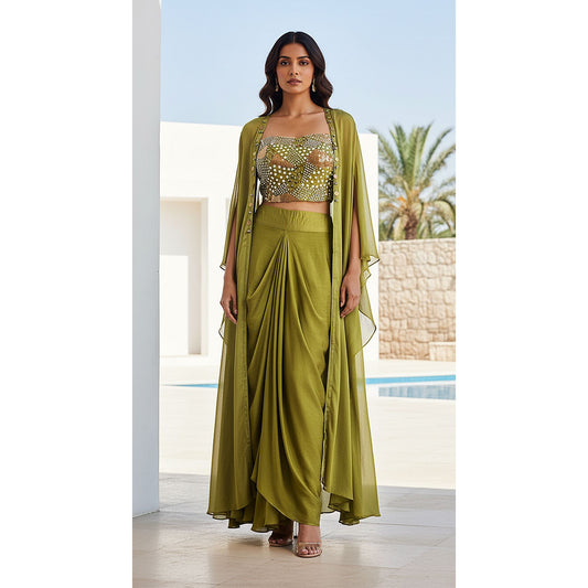 GREEN CHINON EMBROIDERED CAPE SET