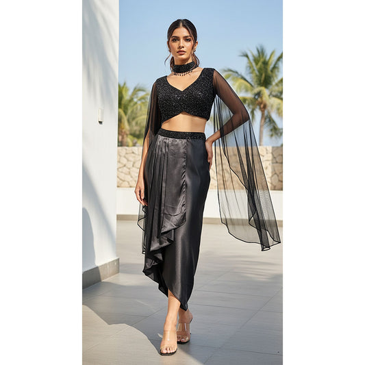 BLACK GEORGETTE EMBROIDERED FUSION SET