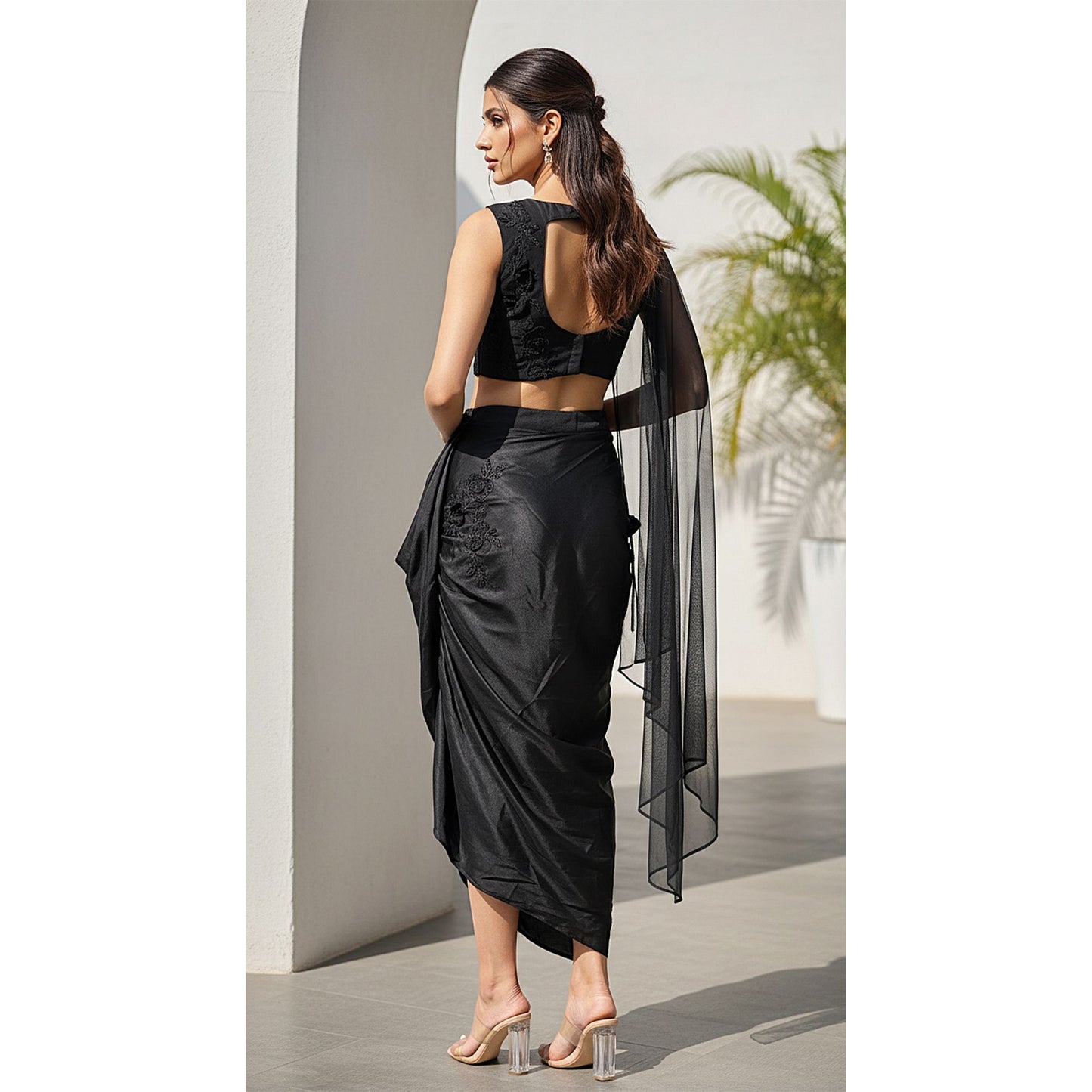 BLACK GEORGETTE EMBROIDERED FUSION SET