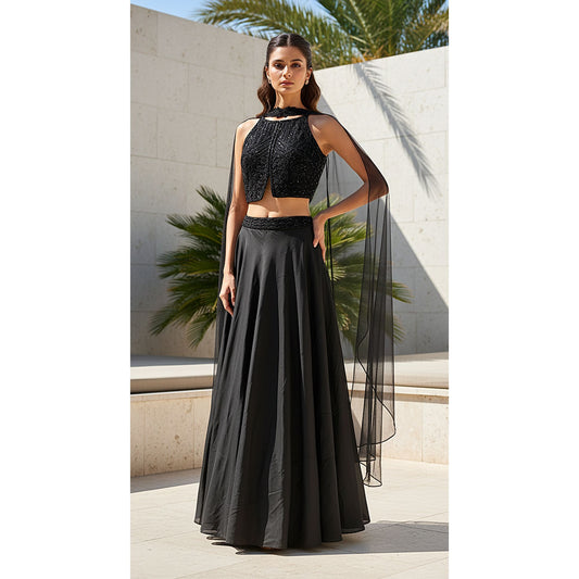 BLACK SATIN EMBROIDERED LEHENGA SET