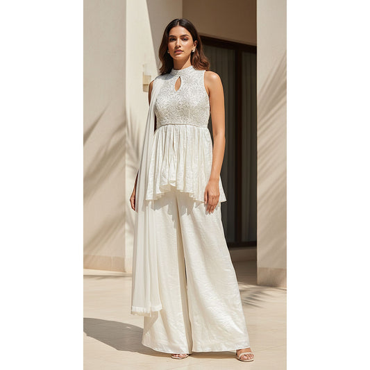 IVORY CRUSHED TISSUE PEPLUM SHARARA SET