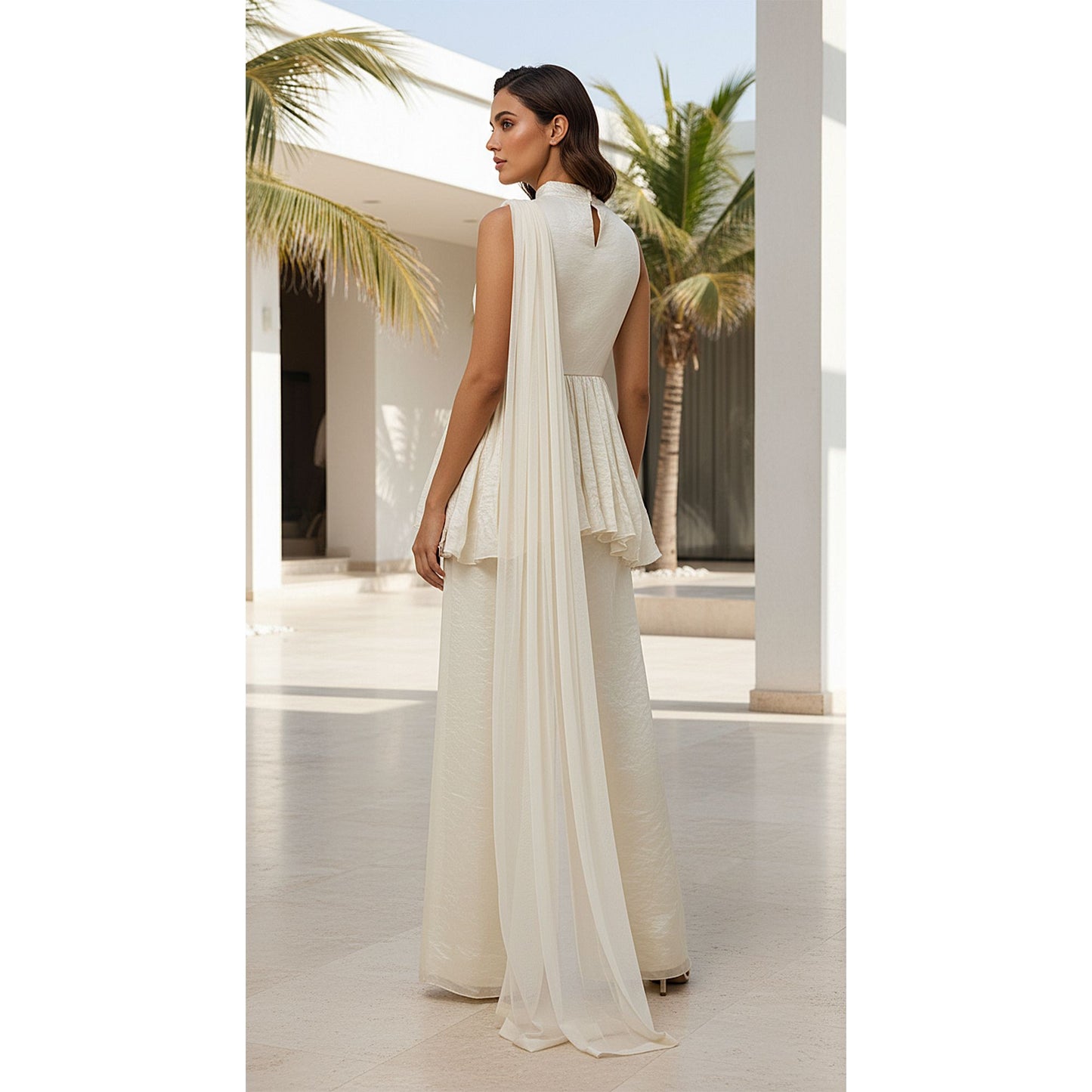 IVORY CRUSHED TISSUE PEPLUM SHARARA SET