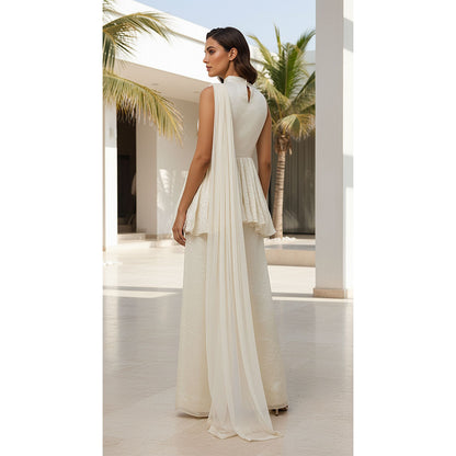 IVORY CRUSHED TISSUE PEPLUM SHARARA SET