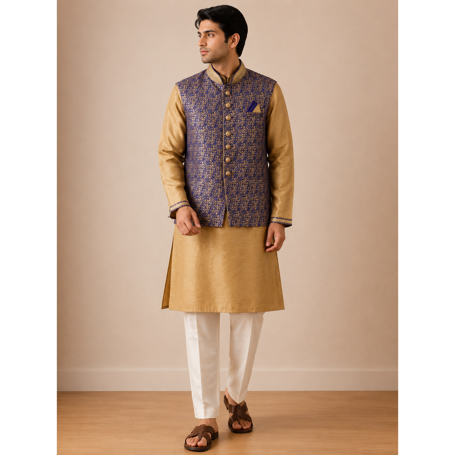 Mens Dark Blue Jacket and Kurta Set