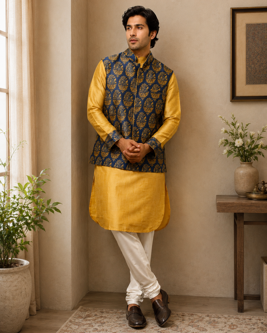 Mens Blue Jacket and Kurta Set