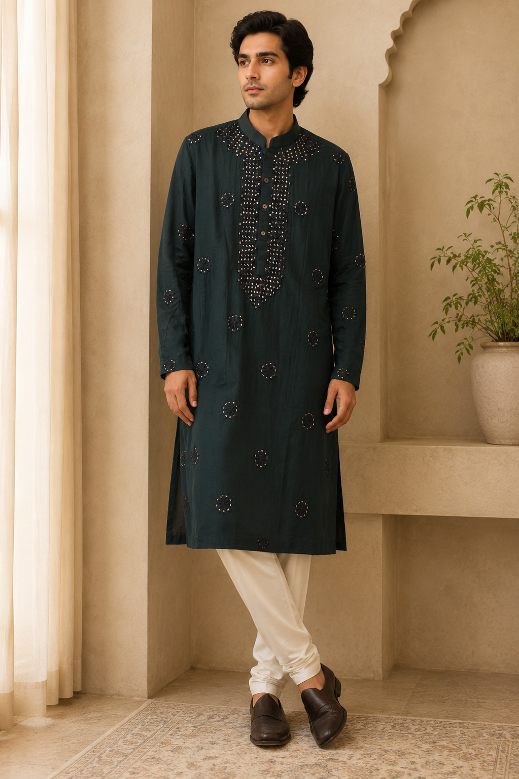 Mens Dark Green Kurta Set