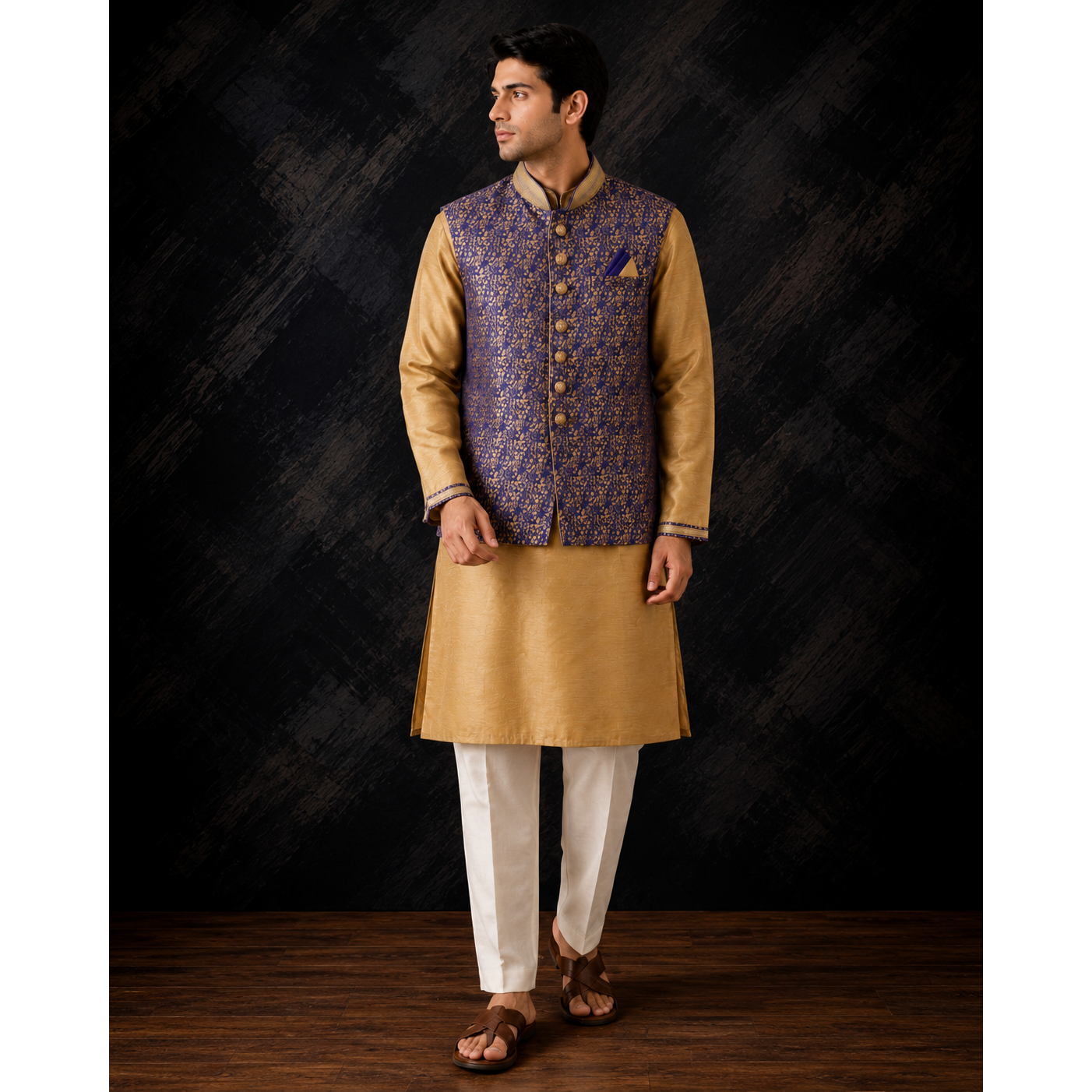 Mens Dark Blue Jacket and Kurta Set