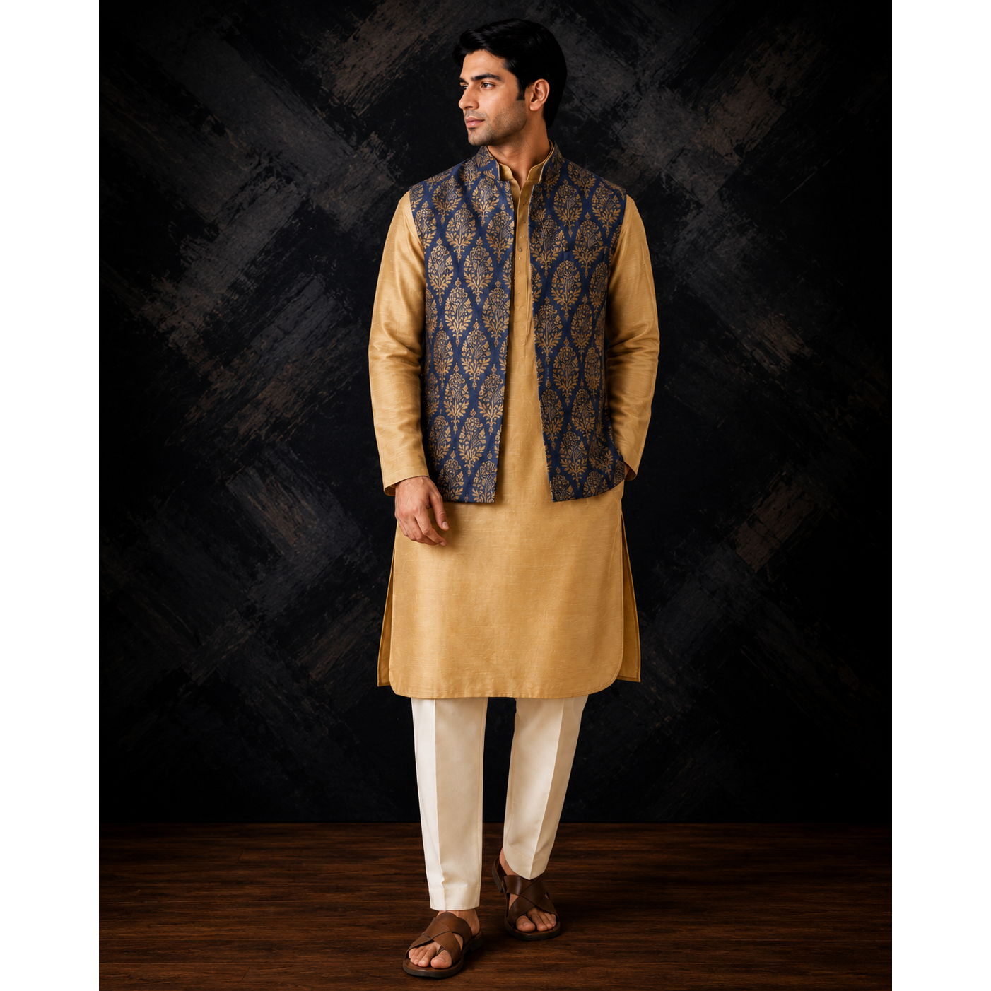 Mens Blue Jacket and Kurta Set