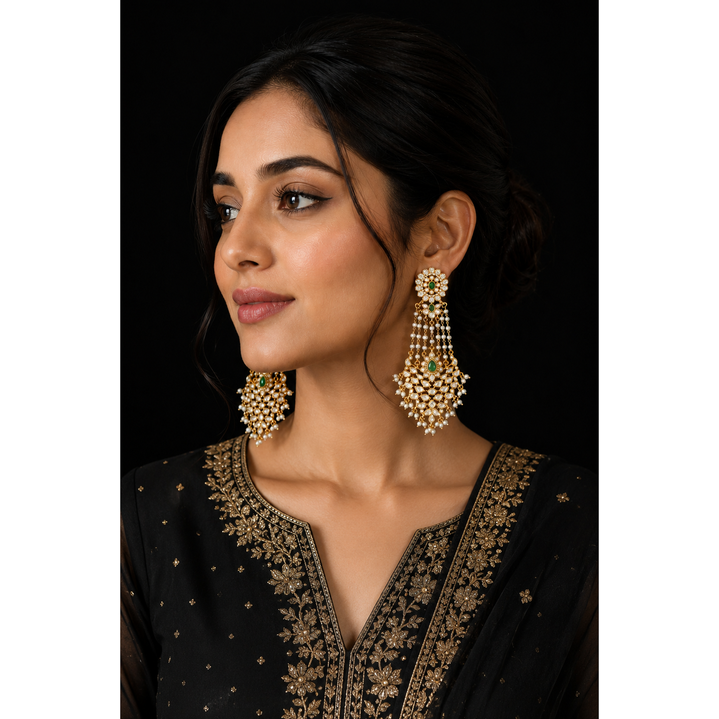 Emerald Green Kundan Chandbali Earrings with Pearl Drops