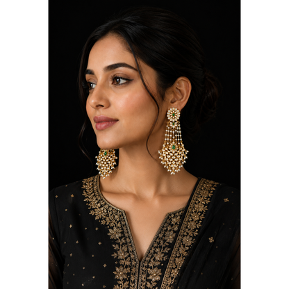 Emerald Green Kundan Chandbali Earrings with Pearl Drops