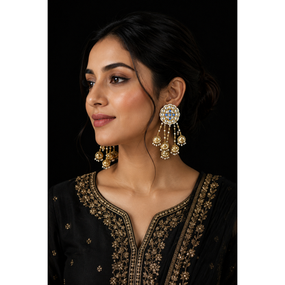 Royal Blue Kundan Jhumka Statement Earrings with Pearl Drops