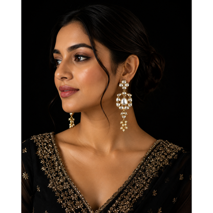 Classic Kundan Drop Earrings with Pearl Tassels