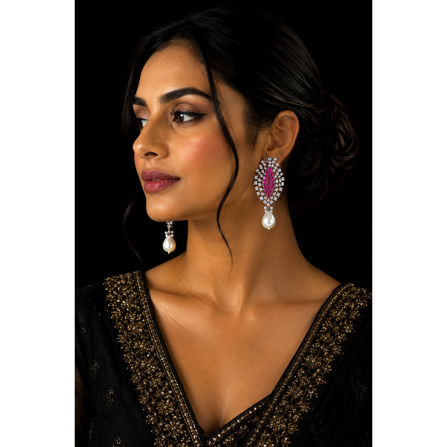 Ruby Pearl Leaf Drop Statement Earrings