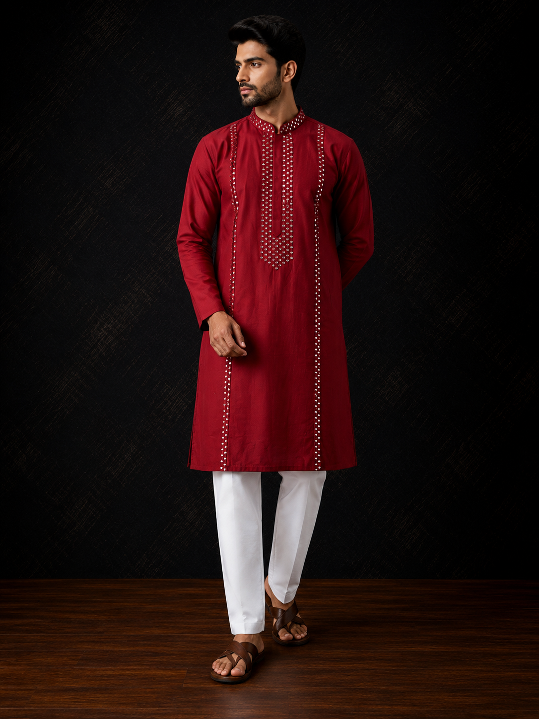 Ruby Red Mirror Work Men's Kurta Set