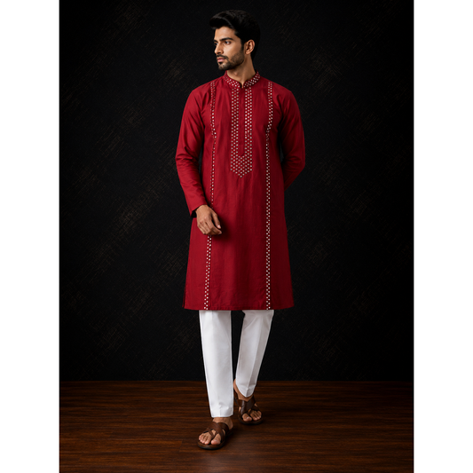 Ruby Red Mirror Work Men's Kurta Set