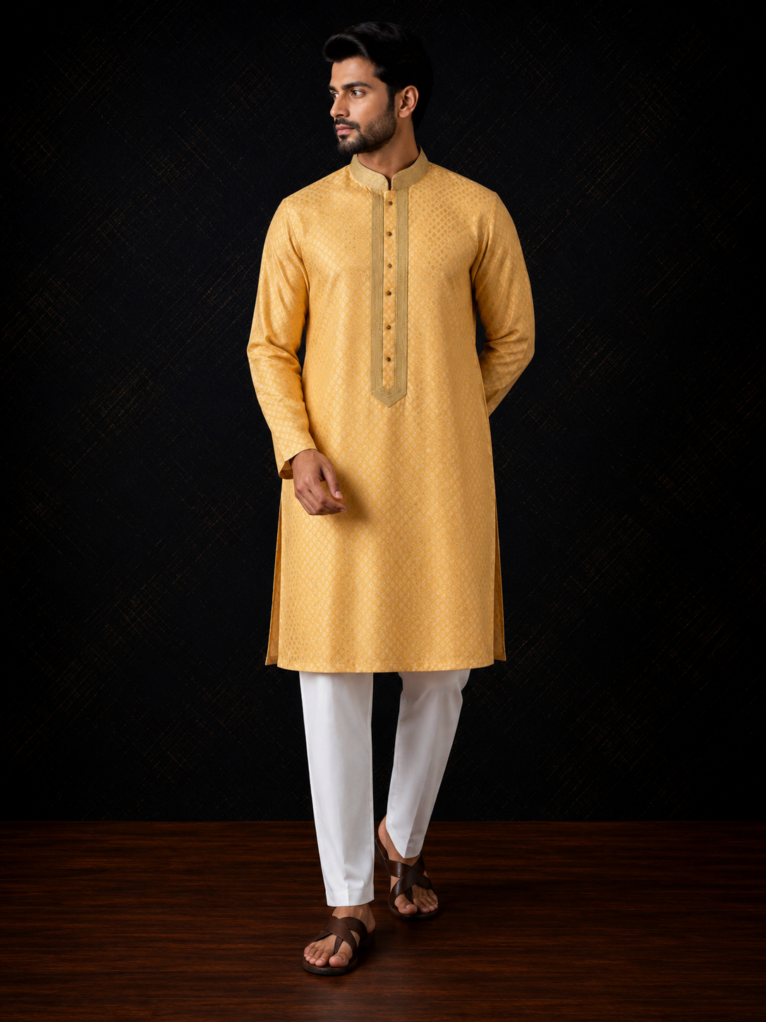 Golden Yellow Brocade Men's Kurta Set
