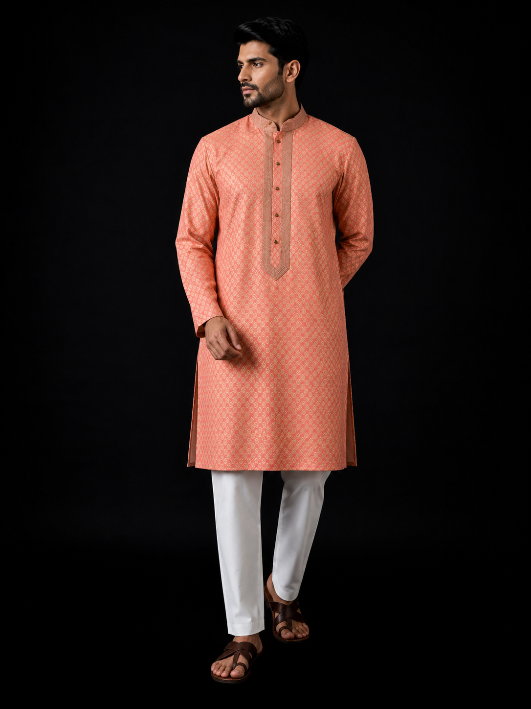 Peach Brocade Men's Kurta Set