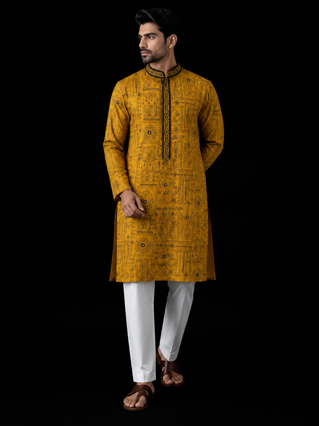 Mustard Heritage Print Men's Kurta Set