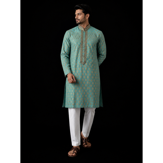 Aqua Blue & Gold Embroidered Men's Kurta Set