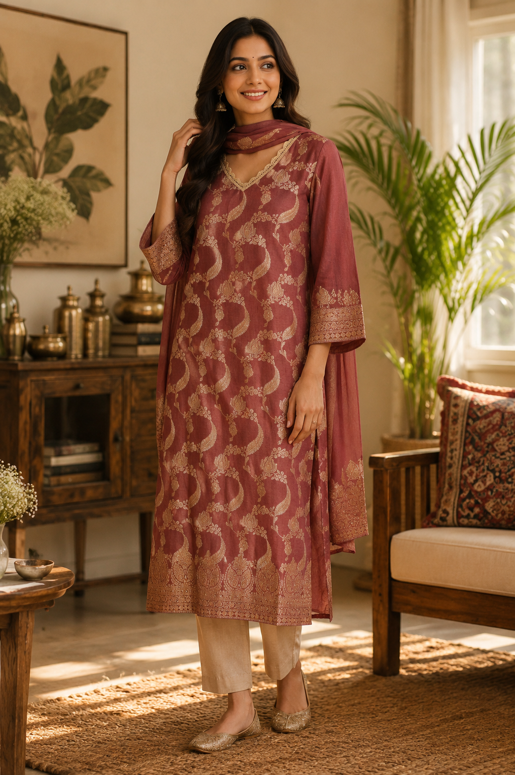 Wine Banarsi Suit with Duppatta