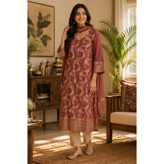Wine Banarsi Suit with Duppatta