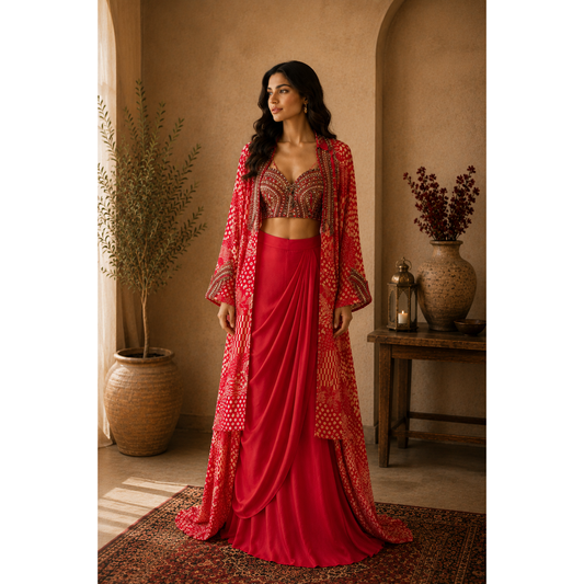 Crimson Indo-Western Draped Skirt Set