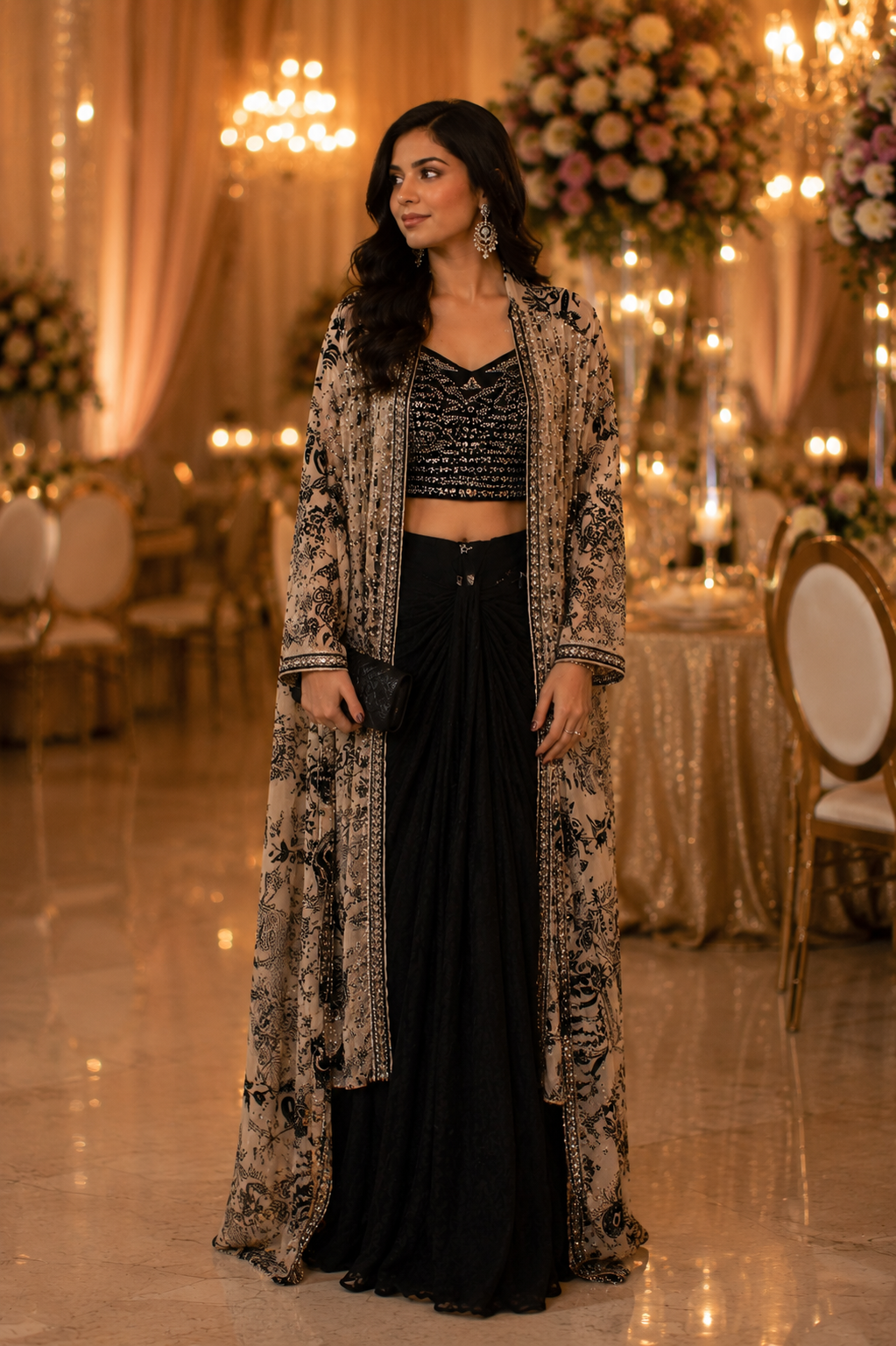 Midnight Noir Embellished Three-Piece Indo-Western Skirt Set