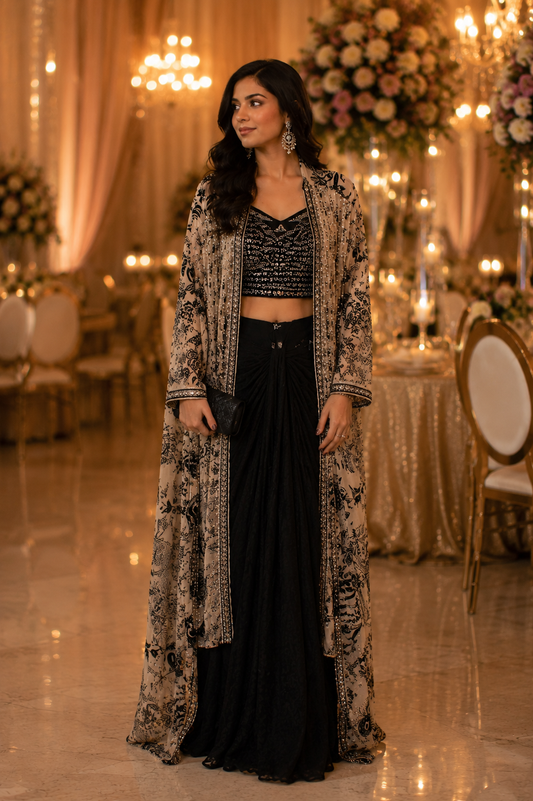 Midnight Noir Embellished Three-Piece Indo-Western Skirt Set